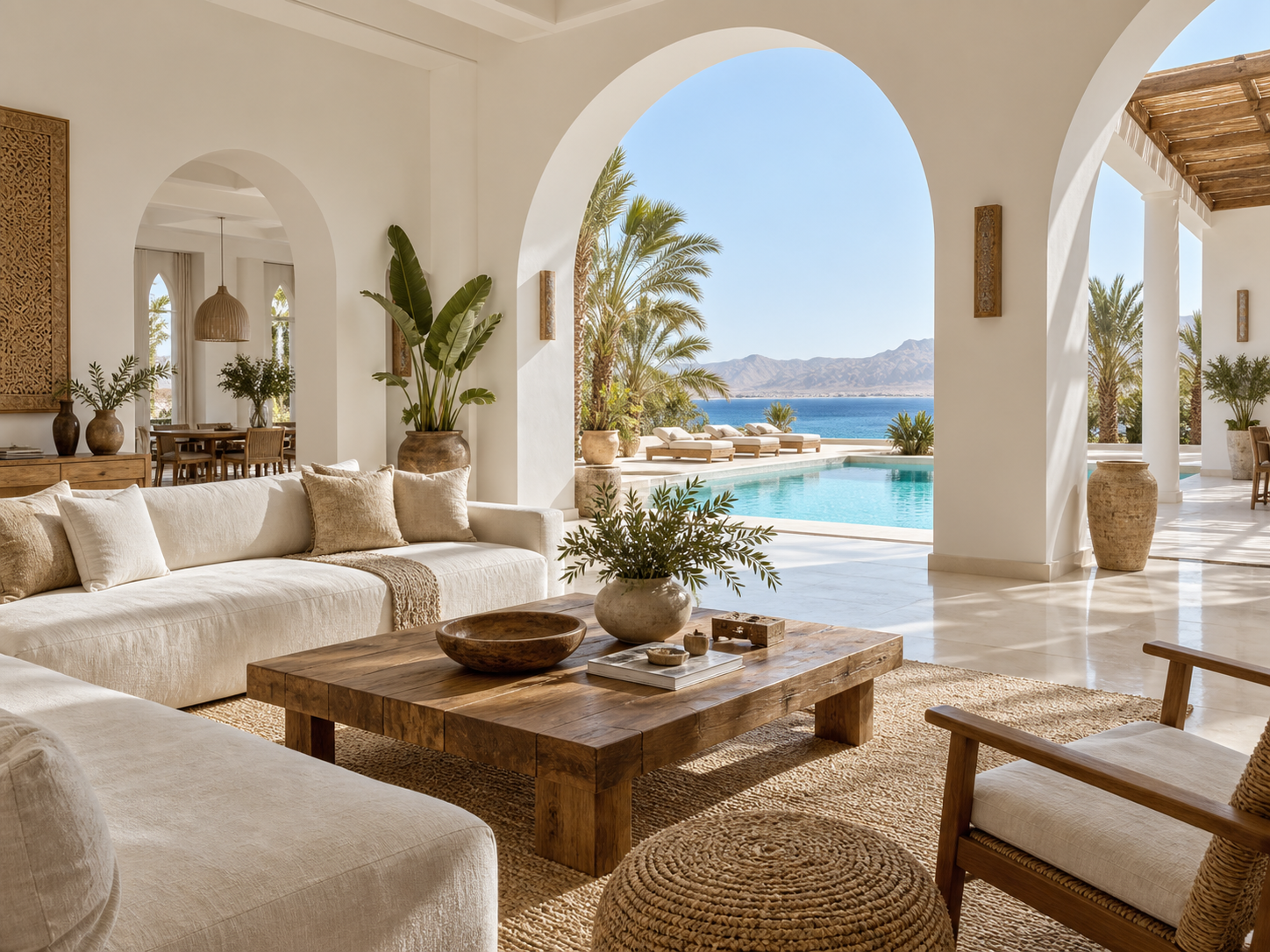 Illustrative sunlit villa interior with pool beyond arched doors